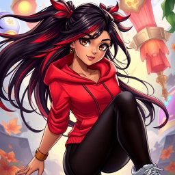 A charismatic Latina with mesmerizing brown eyes, long flowing dark hair accented with striking red highlights, and a warm tan complexion
