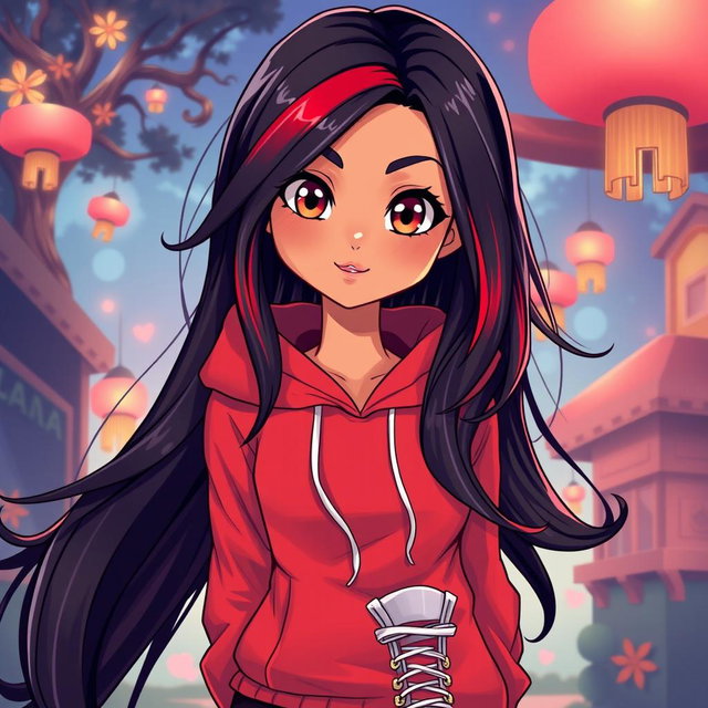 A charismatic Latina with mesmerizing brown eyes, long flowing dark hair adorned with striking red highlights, and a warm tan complexion
