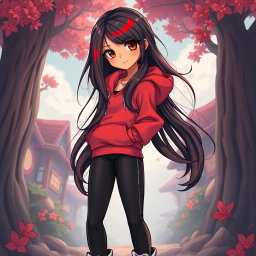 A charismatic Latina with mesmerizing brown eyes, long flowing dark hair adorned with striking red highlights, and a warm tan complexion