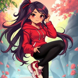 A charismatic Latina with mesmerizing brown eyes, long flowing dark hair adorned with striking red highlights, and a warm tan complexion