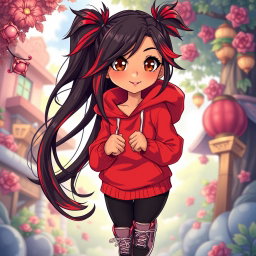A charismatic Latina with mesmerizing brown eyes, long flowing dark hair adorned with striking red highlights, and a warm tan complexion