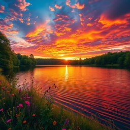 A beautifully vibrant landscape during sunset, featuring a dramatic sky filled with hues of orange, pink, and purple, reflecting on a serene lake