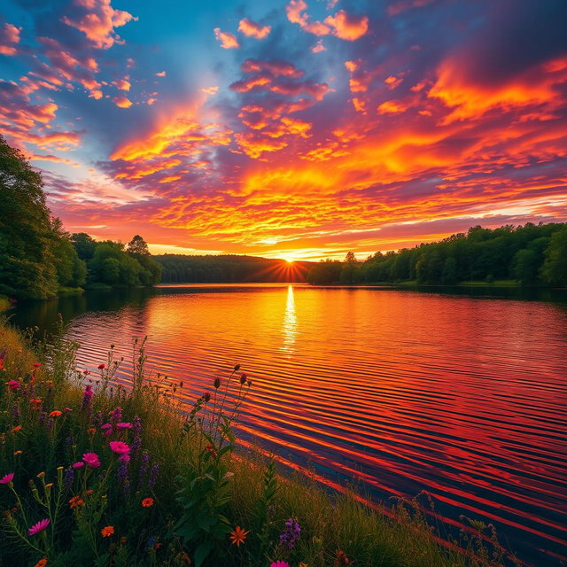 A beautifully vibrant landscape during sunset, featuring a dramatic sky filled with hues of orange, pink, and purple, reflecting on a serene lake