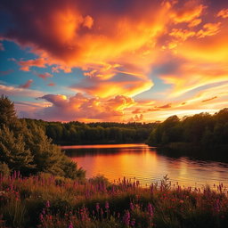 A beautifully vibrant landscape during sunset, featuring a dramatic sky filled with hues of orange, pink, and purple, reflecting on a serene lake