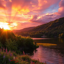 A beautifully vibrant landscape during sunset, featuring a dramatic sky filled with hues of orange, pink, and purple, reflecting on a serene lake