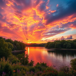A beautifully vibrant landscape during sunset, featuring a dramatic sky filled with hues of orange, pink, and purple, reflecting on a serene lake