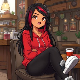 A charismatic Latina with mesmerizing brown eyes, long flowing dark hair featuring striking red highlights, and a warm tan complexion