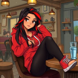 A charismatic Latina with mesmerizing brown eyes, long flowing dark hair featuring striking red highlights, and a warm tan complexion