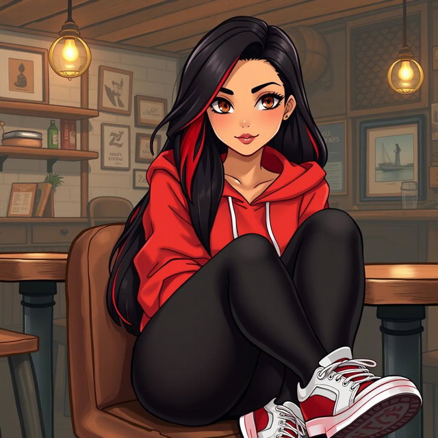 A charismatic Latina with mesmerizing brown eyes, long flowing dark hair featuring striking red highlights, and a warm tan complexion