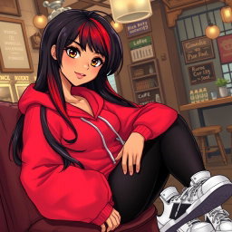 A charismatic Latina with mesmerizing brown eyes, long flowing dark hair featuring striking red highlights, and a warm tan complexion