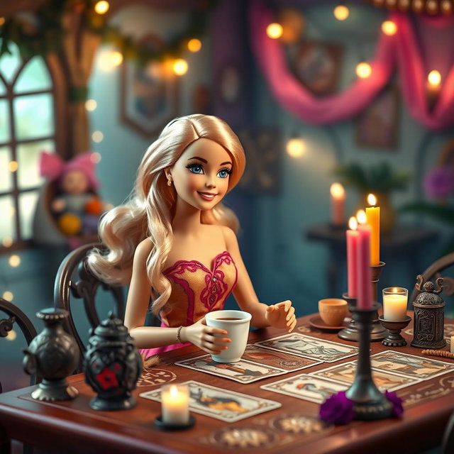 A young, cheerful blonde Barbie, dressed in a vibrant and jovial outfit, sitting as an observer at a tarot reading table, holding a cup of coffee in her hand