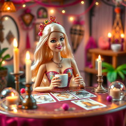 A young, cheerful blonde Barbie, dressed in a vibrant and jovial outfit, sitting as an observer at a tarot reading table, holding a cup of coffee in her hand