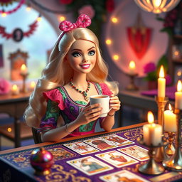 A young, cheerful blonde Barbie, dressed in a vibrant and jovial outfit, sitting as an observer at a tarot reading table, holding a cup of coffee in her hand