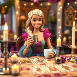 A young, cheerful blonde Barbie, dressed in a vibrant and jovial outfit, sitting as an observer at a tarot reading table, holding a cup of coffee in her hand