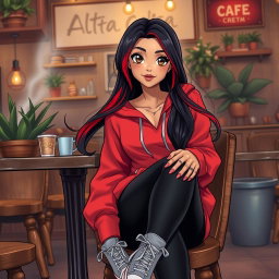 A charismatic Latina with mesmerizing brown eyes, long flowing dark hair featuring vibrant red highlights, and a warm tan complexion