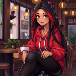 A charismatic Latina with mesmerizing brown eyes, long flowing dark hair featuring vibrant red highlights, and a warm tan complexion