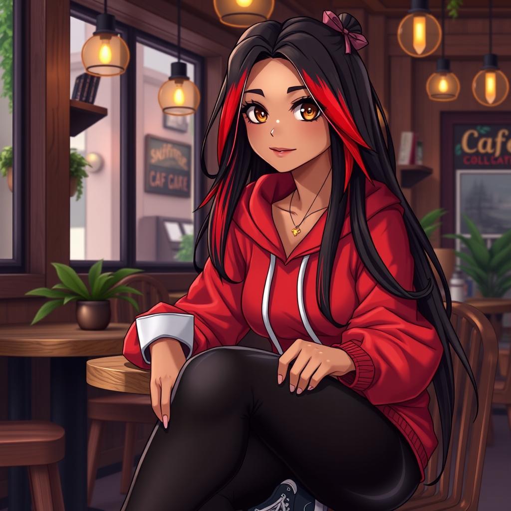 A charismatic Latina with mesmerizing brown eyes, long flowing dark hair featuring vibrant red highlights, and a warm tan complexion