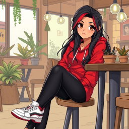 A charismatic Latina with mesmerizing brown eyes, long flowing dark hair featuring vibrant red highlights, and a warm tan complexion
