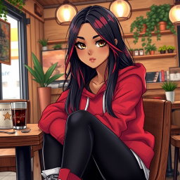 A charismatic Latina with mesmerizing brown eyes, long flowing dark hair featuring vibrant red highlights, and a warm tan complexion