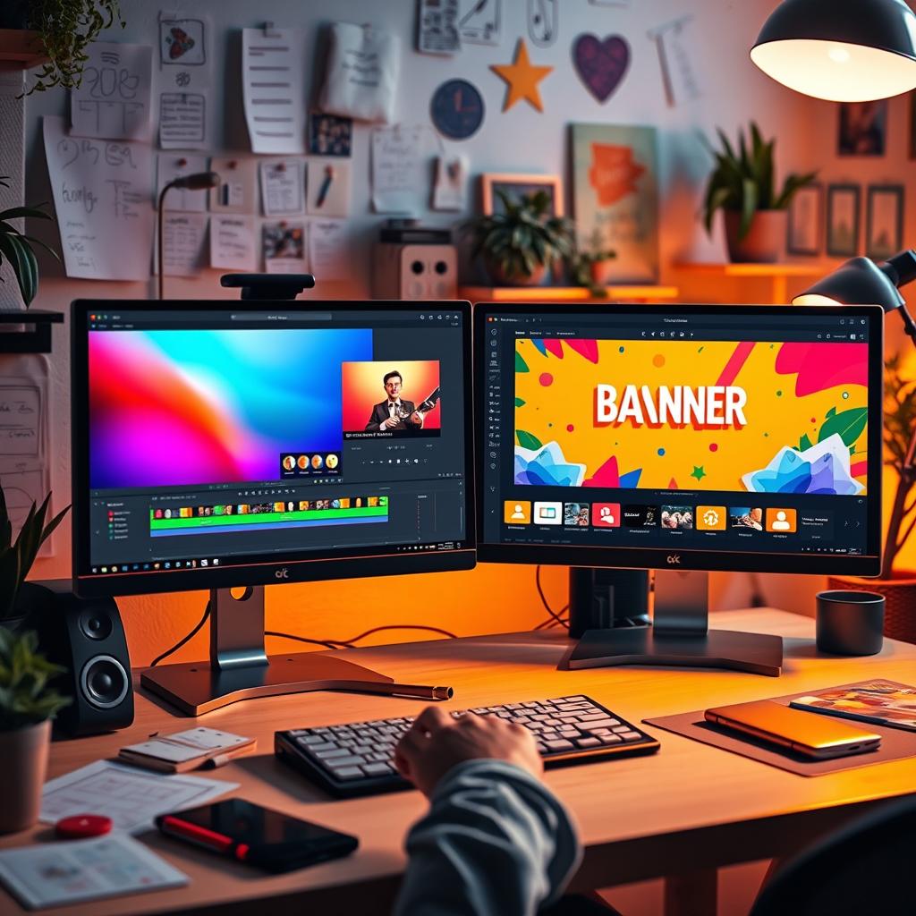 A visually striking digital workspace scene showcasing a content creator editing a video and designing a banner