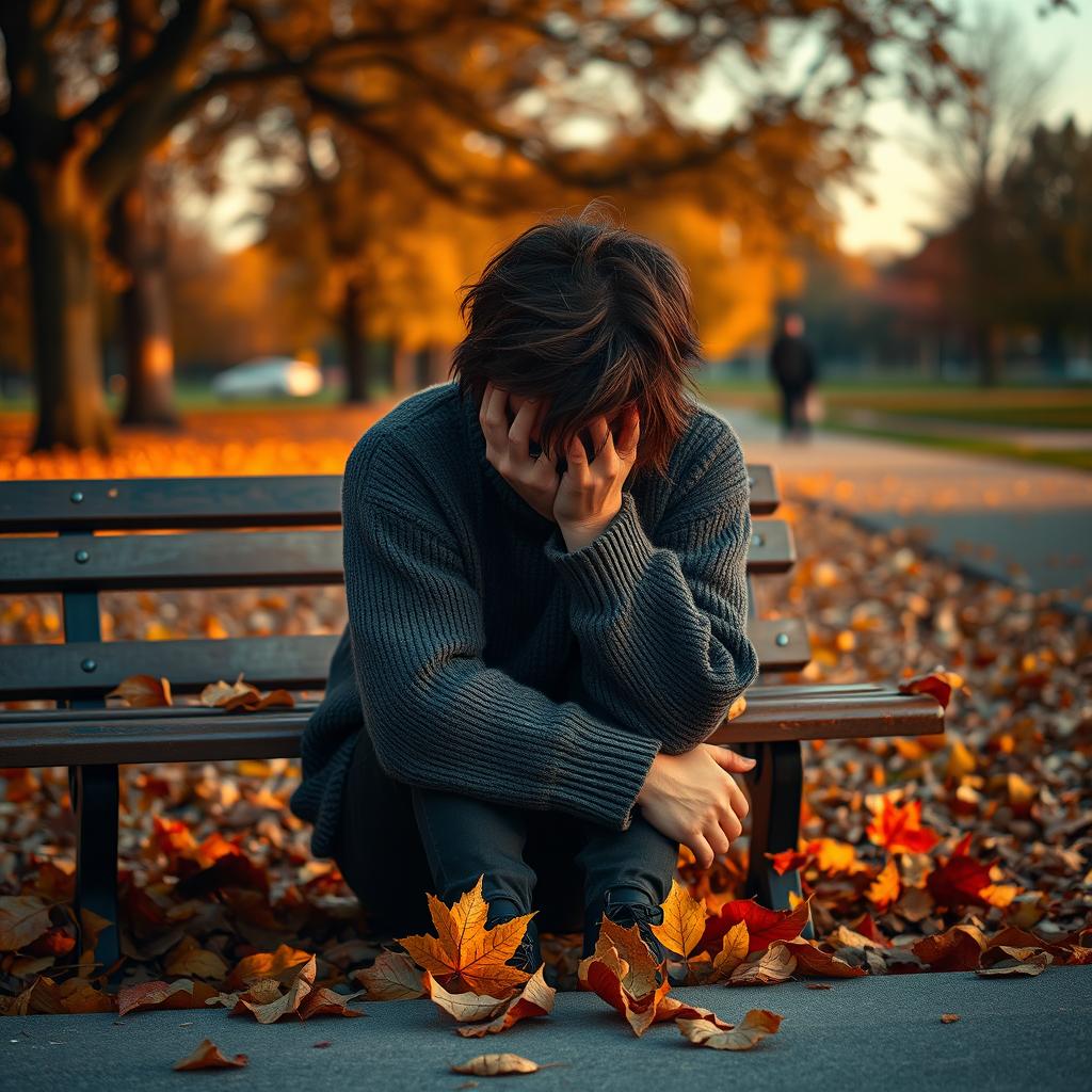 A distressed and exhausted individual sitting on a park bench, surrounded by autumn leaves, with their head in their hands