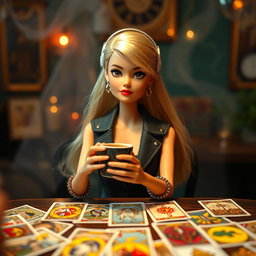 A young blonde Barbie doll styled in modern clothing, sitting as a spectator at a tarot table