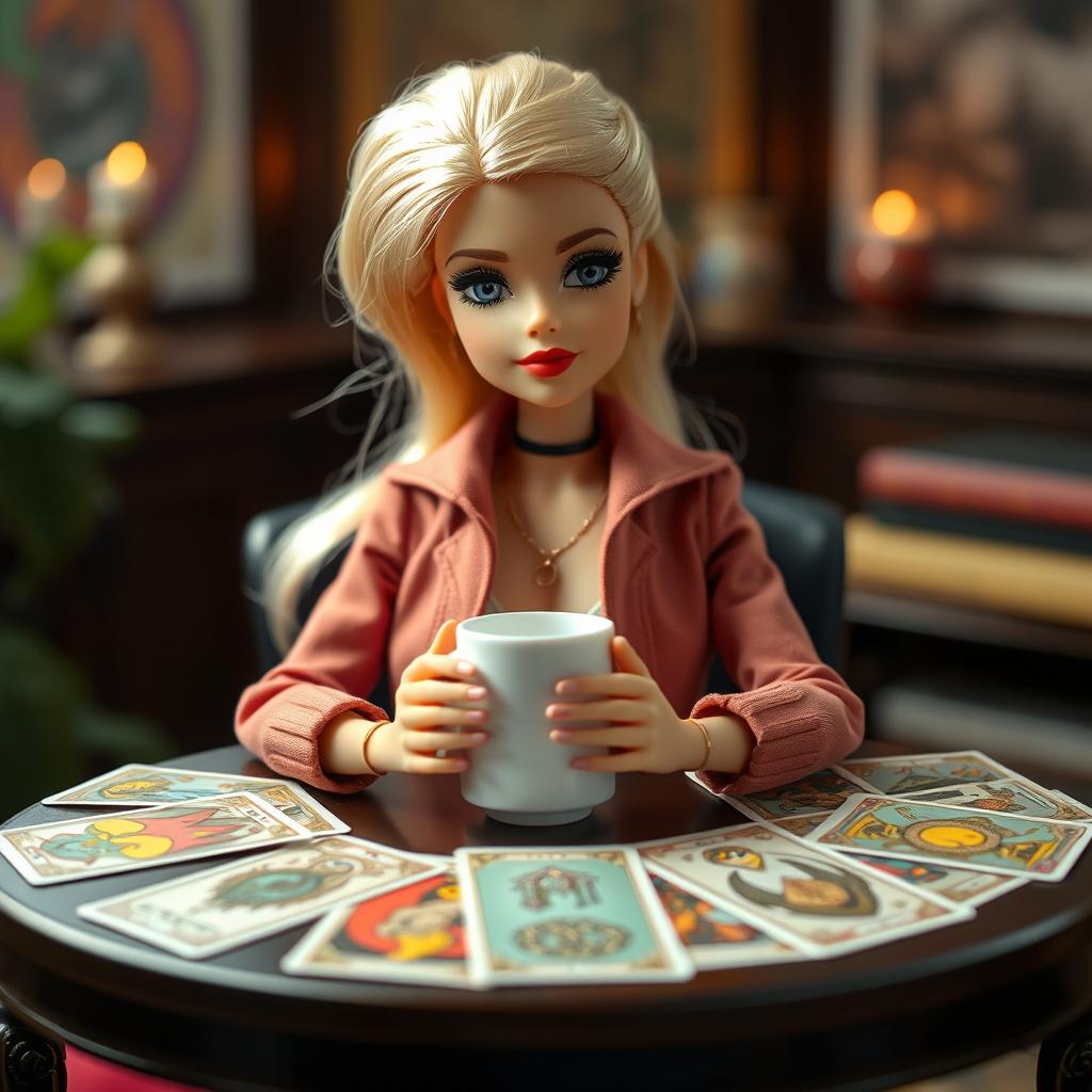 A young blonde Barbie doll styled in modern clothing, sitting as a spectator at a tarot table