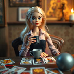 A young blonde Barbie doll styled in modern clothing, sitting as a spectator at a tarot table