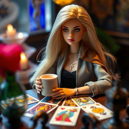 A young blonde Barbie doll styled in modern clothing, sitting as a spectator at a tarot table
