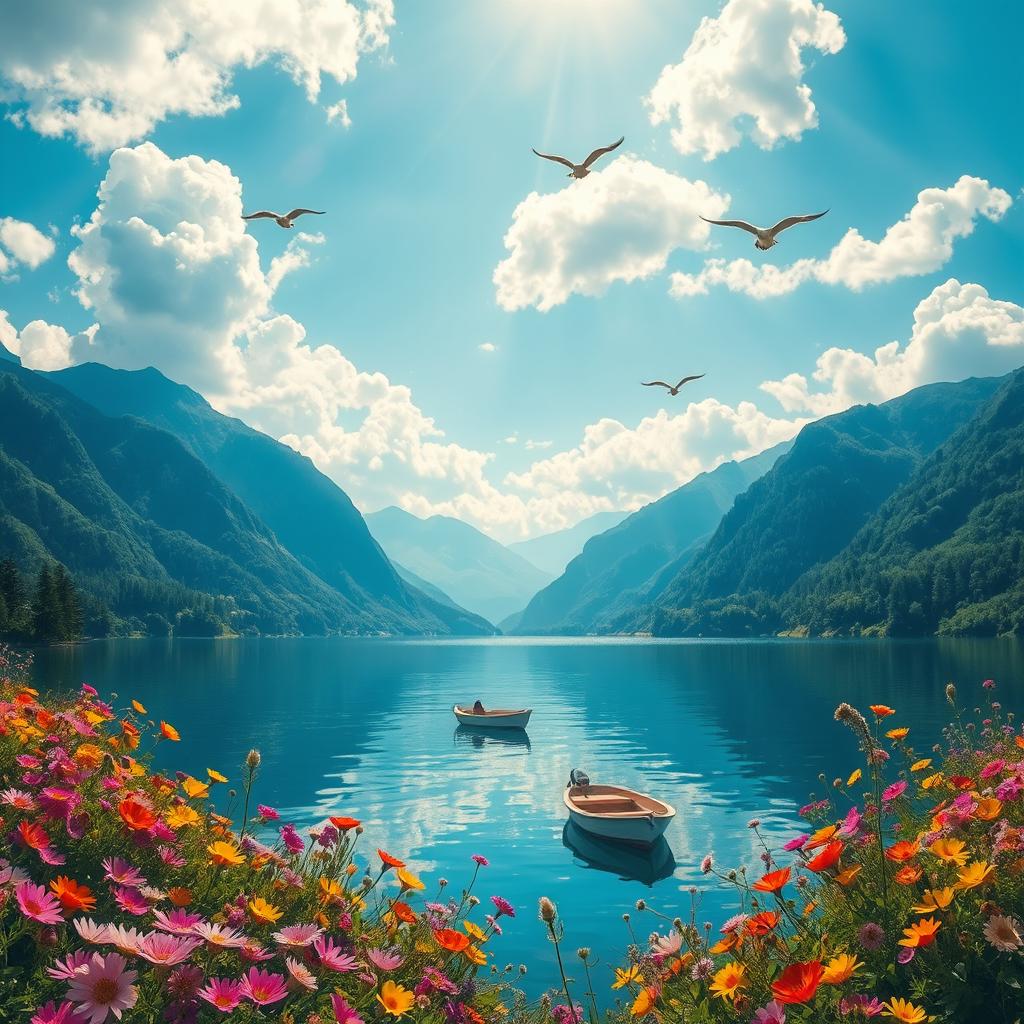 A vibrant and enchanting landscape depicting a serene lake surrounded by lush green mountains, under a bright blue sky filled with fluffy white clouds