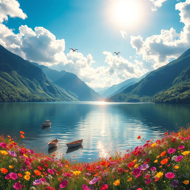 A vibrant and enchanting landscape depicting a serene lake surrounded by lush green mountains, under a bright blue sky filled with fluffy white clouds