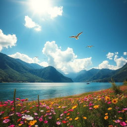 A vibrant and enchanting landscape depicting a serene lake surrounded by lush green mountains, under a bright blue sky filled with fluffy white clouds
