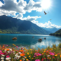 A vibrant and enchanting landscape depicting a serene lake surrounded by lush green mountains, under a bright blue sky filled with fluffy white clouds
