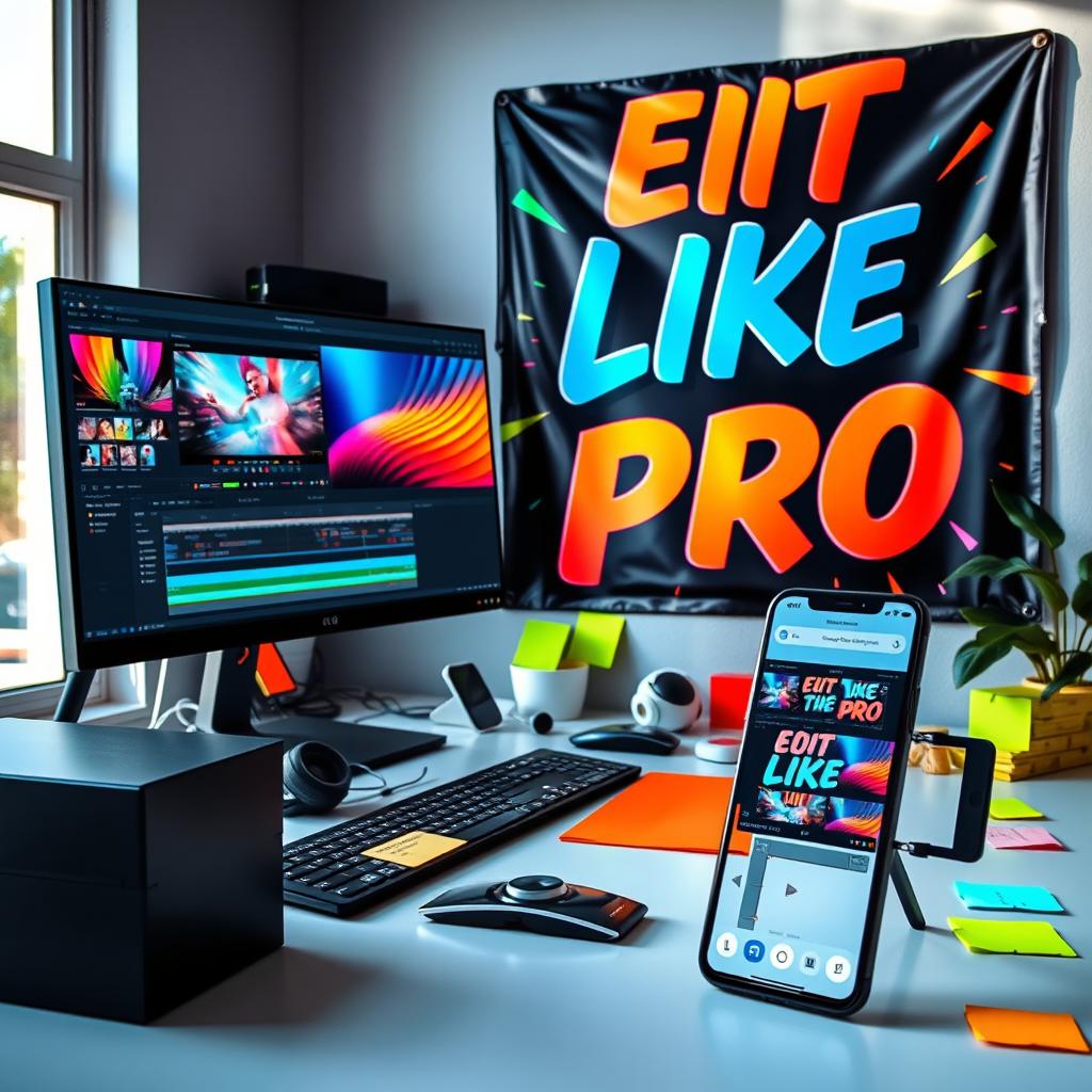 A vibrant workspace featuring a sleek computer setup for video editing on one side, with dual monitors displaying dynamic editing software and colorful graphics