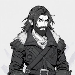 A greyscale illustration in anime style featuring a dwarf rogue resembling Thorin Oakenshield, depicted looking forward with a confident expression
