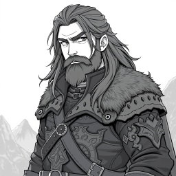 A greyscale illustration in anime style featuring a dwarf rogue resembling Thorin Oakenshield, depicted looking forward with a confident expression
