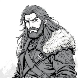 A greyscale illustration in anime style featuring a dwarf rogue resembling Thorin Oakenshield, depicted looking forward with a confident expression