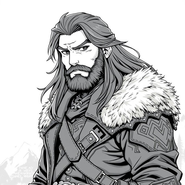 A greyscale illustration in anime style featuring a dwarf rogue resembling Thorin Oakenshield, depicted looking forward with a confident expression