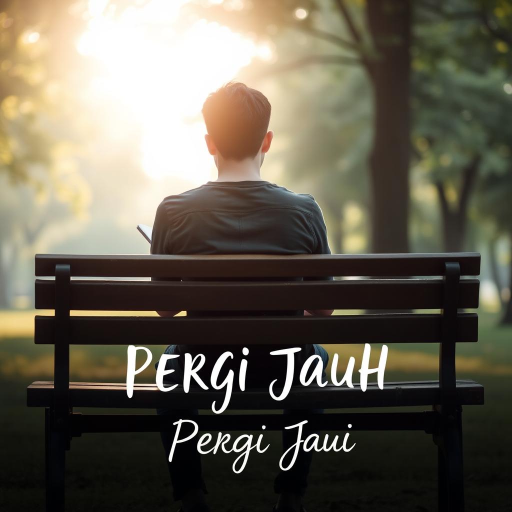 A young man sitting alone on a park bench, looking contemplative as he writes a song