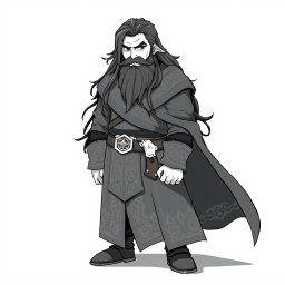 A greyscale illustration in anime style of a dwarf rogue resembling Thorin Oakenshield, gazing forward with determination