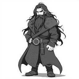 A greyscale illustration in anime style of a dwarf rogue resembling Thorin Oakenshield, gazing forward with determination