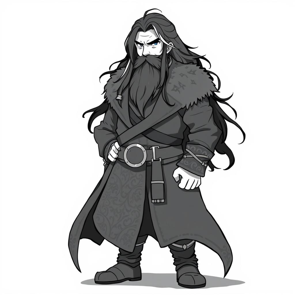 A greyscale illustration in anime style of a dwarf rogue resembling Thorin Oakenshield, gazing forward with determination