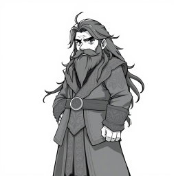 A greyscale illustration in anime style of a dwarf rogue resembling Thorin Oakenshield, gazing forward with determination