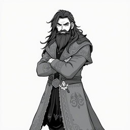 A greyscale illustration in anime style of a dwarf rogue resembling Thorin Oakenshield, gazing forward with determination