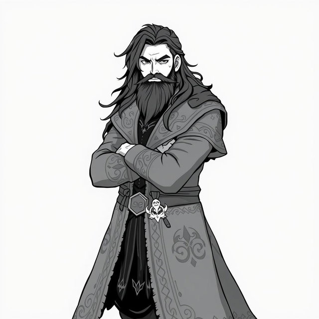 A greyscale illustration in anime style of a dwarf rogue resembling Thorin Oakenshield, gazing forward with determination