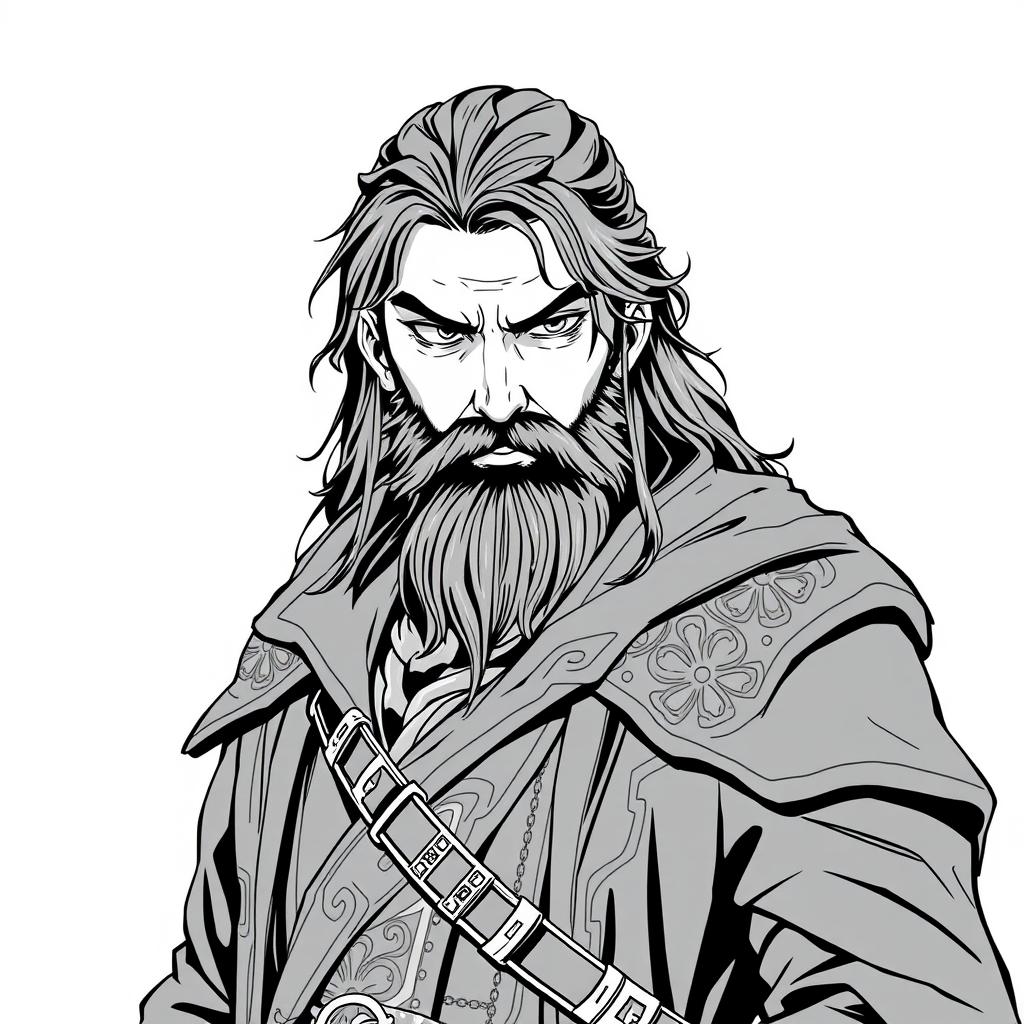 A greyscale illustration portrait of a dwarf rogue inspired by Thorin Oakenshield from 'The Hobbit