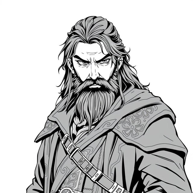 A greyscale illustration portrait of a dwarf rogue inspired by Thorin Oakenshield from 'The Hobbit