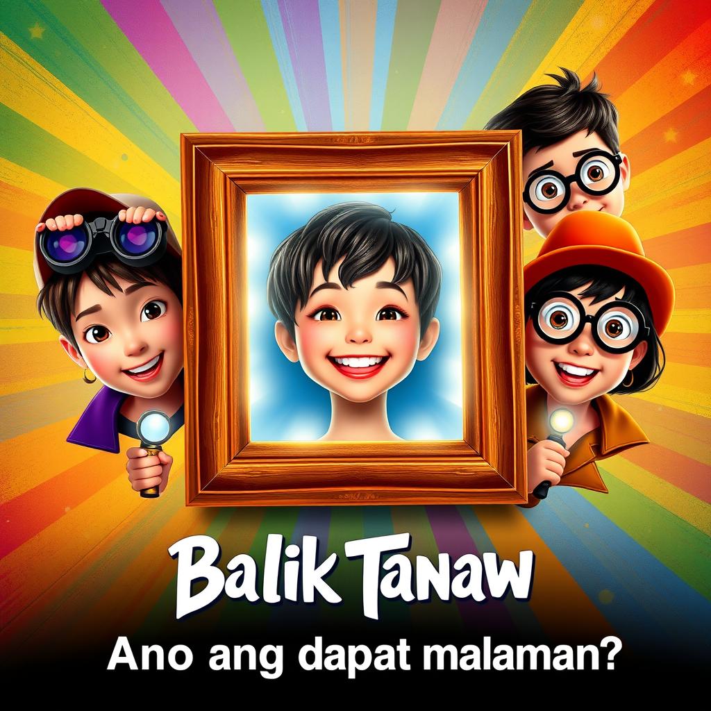A vibrant film poster titled "Balik Tanaw" featuring a central picture frame containing a character's face filled with joy and light