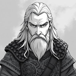 A greyscale illustration portrait of a dwarf rogue resembling Thorin Oakenshield, looking directly forward