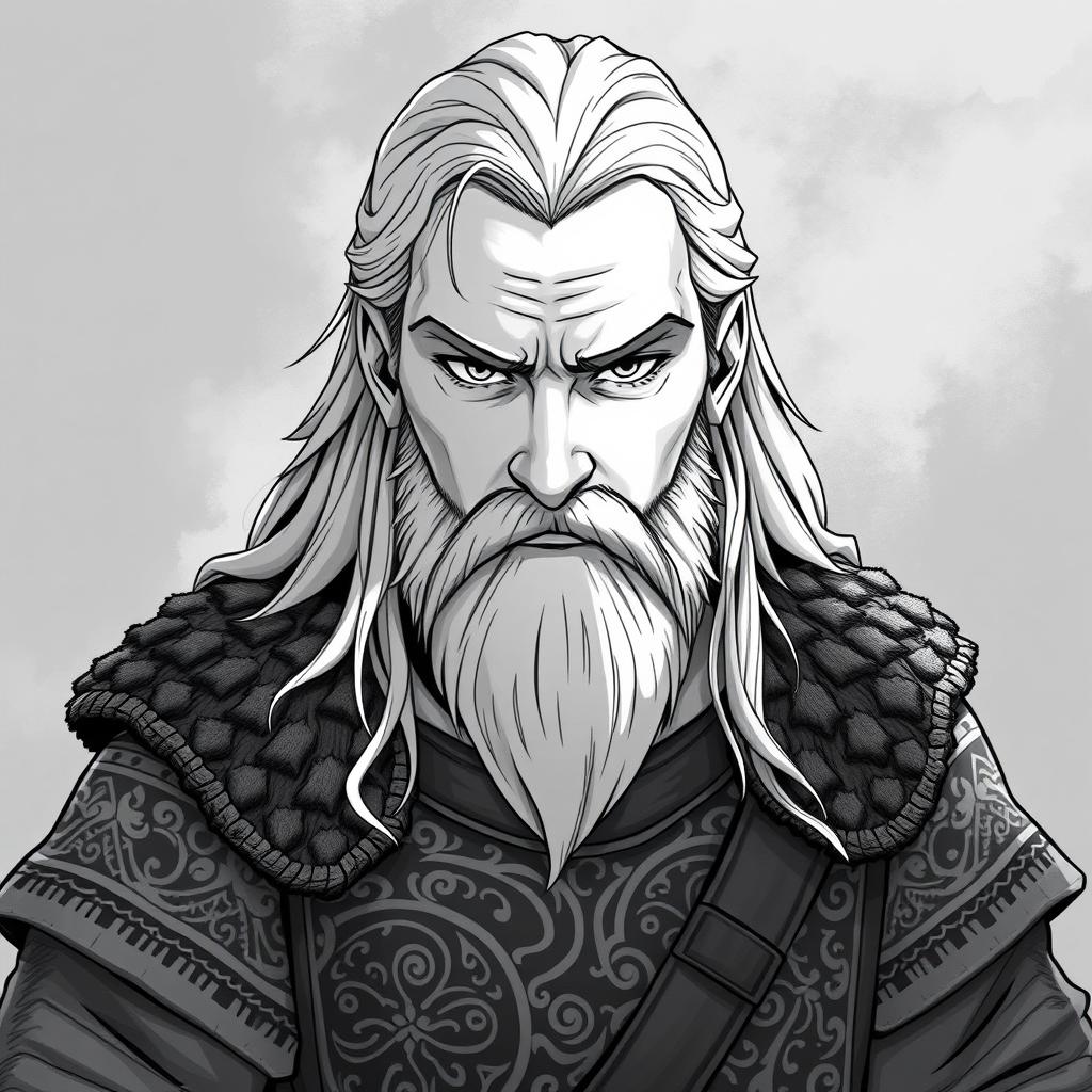 A greyscale illustration portrait of a dwarf rogue resembling Thorin Oakenshield, looking directly forward